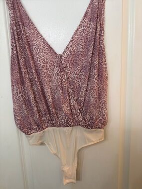 Free People Mauve Leopard Print Wrap V-Neck Bodysuit with Cream Bottom